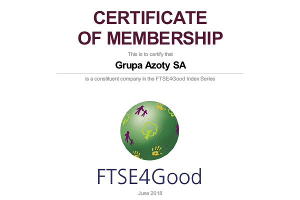 Grupa Azoty z Certfyfikatem członkostwa w indeksach FTSE4Good